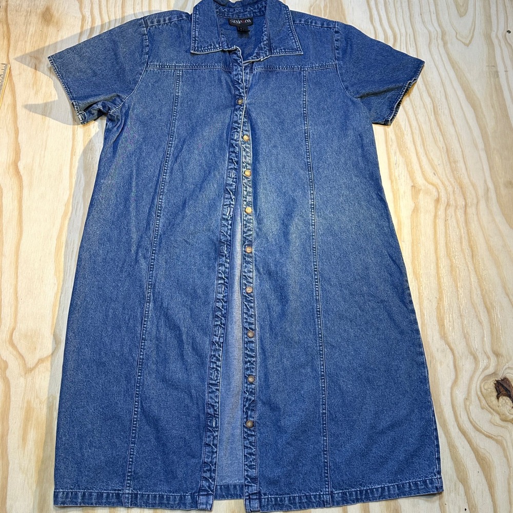 Style & Co Womens Blue Denim Button Down Short Sleeve Shirt Dress Size 18